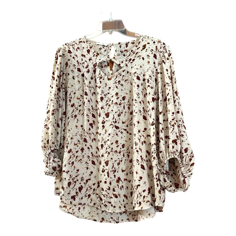 Maurices Women's Peasant Style Tan and Burgundy Brush Stroke Blouse, Large